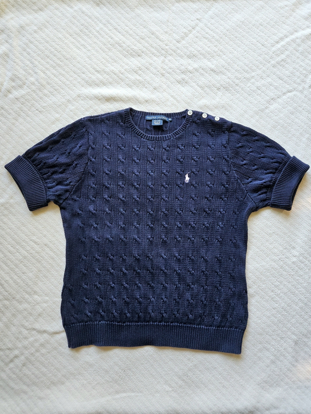 Ralph Lauren Cable Knit Sweater Womens XL Navy Blue Shoulder Button Blue Label
